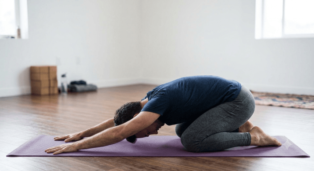 A person practicing yoga in a child pose on a purple mat in a spacious, well-lit room.
