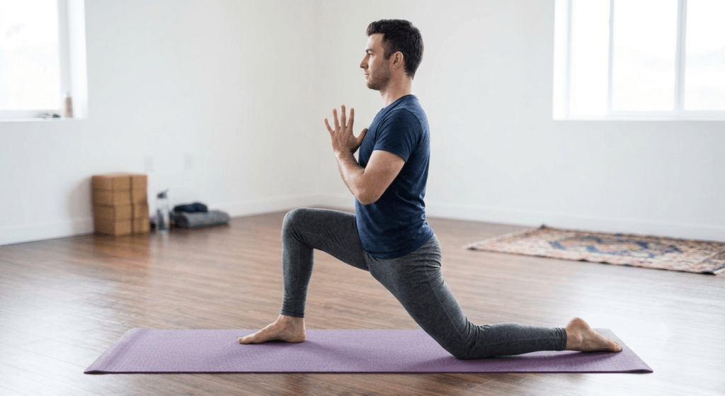A man performing a yoga pose on a purple mat in a bright, spacious room.