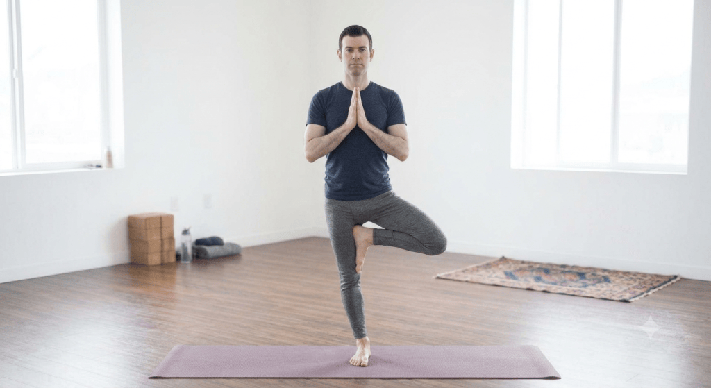 A man practicing yoga in a spacious room, standing on one leg with the other foot resting on his inner thigh, hands in a prayer position at chest level.