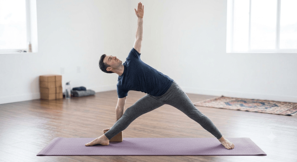A man practicing yoga in a studio, performing a side angle pose with one arm raised and one hand on a block.