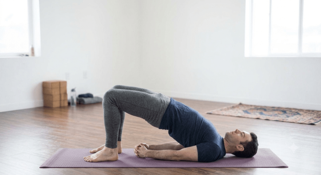 A person performing a yoga bridge pose on a purple mat in a spacious, well-lit room.