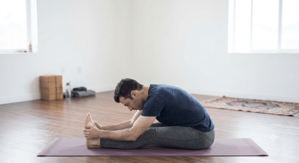 A young man practicing yoga on a mat, performing a seated forward bend stretch in a bright, minimalistic room.